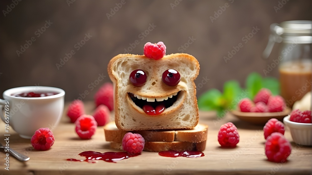 Amusingly happy creature made of bread toast with raspberry jam. A idea of a healthy breakfast and a happy morning