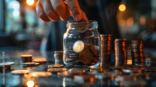 Financial Planning: Hand Putting Coins in Glass Jar