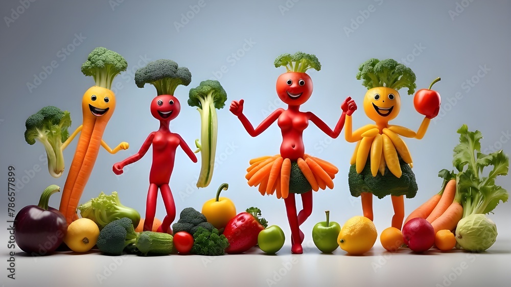 A funny figure composed of dancing fruits and vegetables that symbolizes the delight of