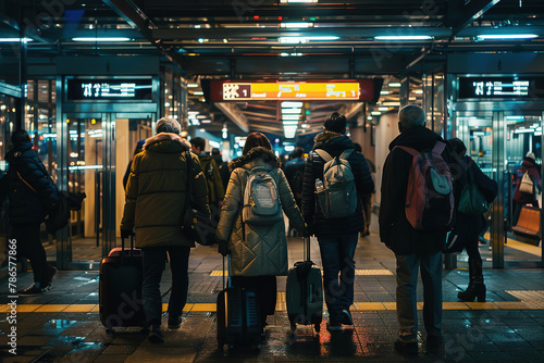 Travelers with luggage waiting on a platform at a modern train station