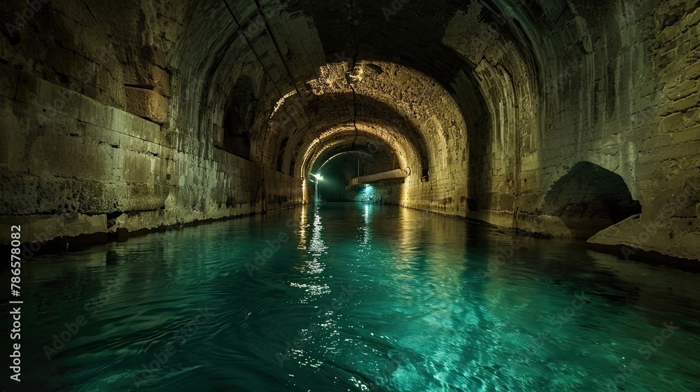 Mysterious underground river flowing through depths of old castle. Gloomy place, ghosts, paranormal, gothic, middle ages, ruins, mysticism, uncomfortable place, ancient sewer. Generative by AI