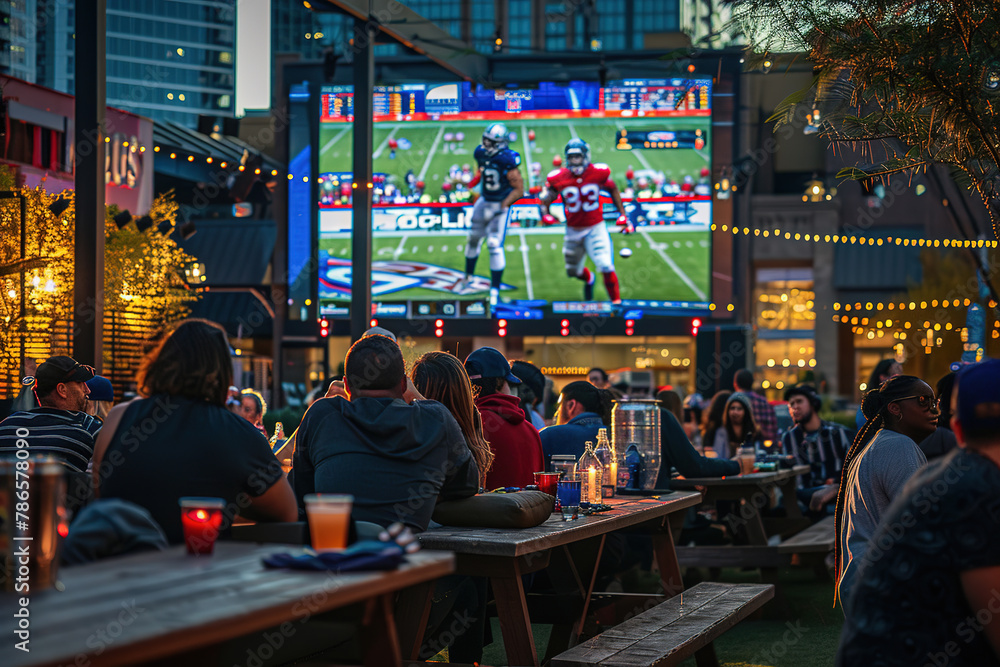 People enjoying an outdoor sports bar with large screen showing football game