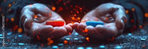 Red and blue pills in hands, choice symbolism photo