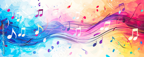 Abstract illustration of musical background with music notes and colorful wavy lines. Concept of the background and backdrop
