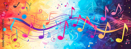 Abstract illustration of musical background with music notes and colorful wavy lines. Concept of the background and backdrop