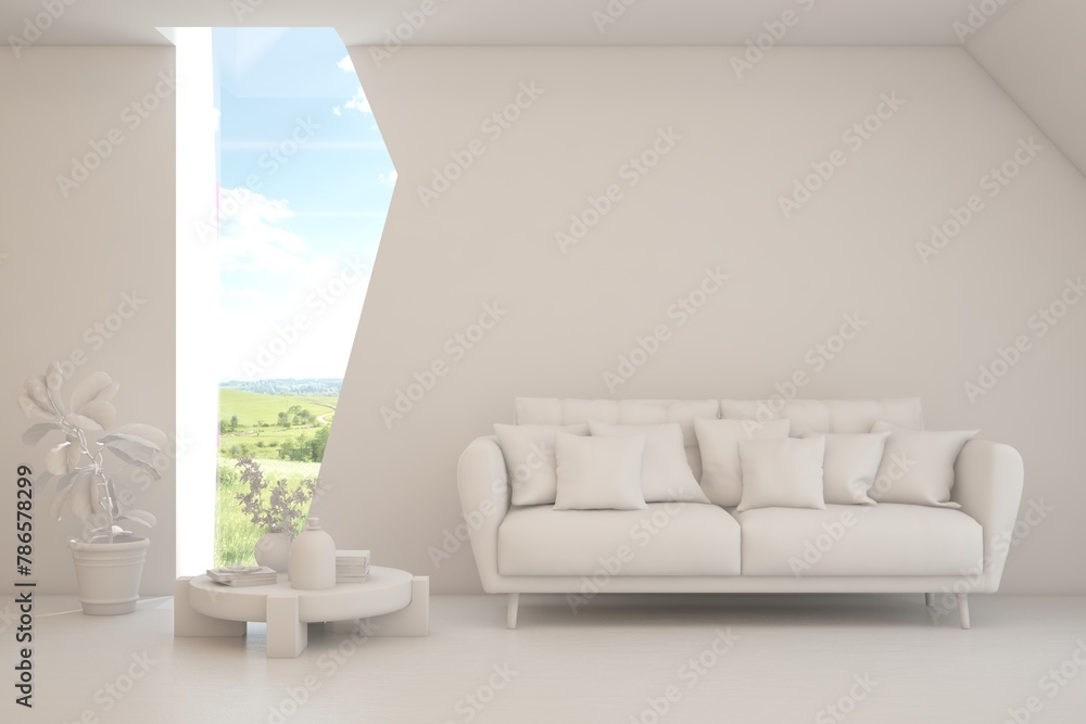 Fototapeta premium Contemporary classic white interior with furniture and decor and summer landscape in window. Scandinavian interior design. 3D illustration