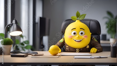 Deputy with a cheerful lemon character, seated at the office table photo