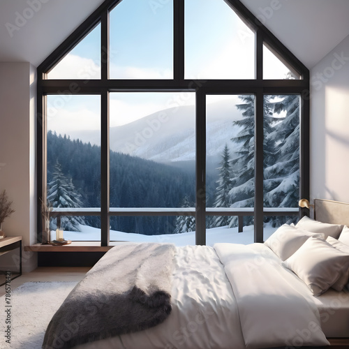 Luxury bedroom interior with a panoramic window overlooking the mountains.  mock up