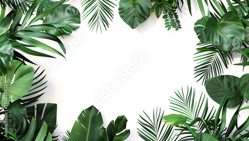 Tropical plants frame an isolated area on a white background with empty space in the center for text or design. Jungle leaves form a border in the style of nature. generative AI