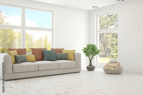 Wallpaper Mural White living room with sofa and summer landscape in window. Scandinavian interior design. 3D illustration Torontodigital.ca