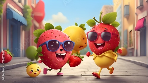 cute fruits characters a strawberry and a lemon, running on the street and laughing with sunglasses