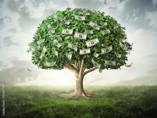 Money growing on a tree in a lush  green field.