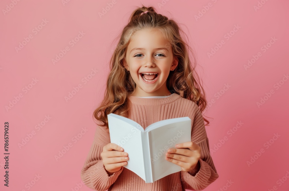 happy young girl reading white book, pink background happy young girl reading white book, pink background