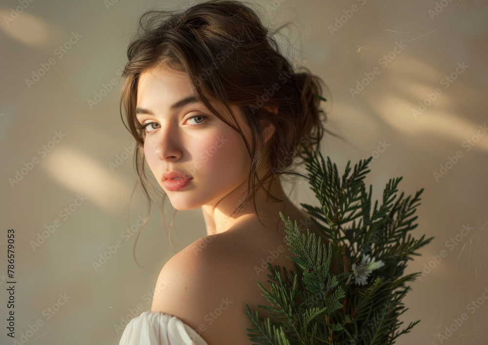 Portrait, plants and girl with makeup, beauty and dermatology on beige wall background. Face, person and model with natural cosmetics, eco friendly and mockup space with sunshine, glowing or wellness Portrait, plants and girl with makeup, beauty and dermatology on beige wall background. Face, person and model with natural cosmetics, eco friendly and mockup space with sunshine, glowing or wellness