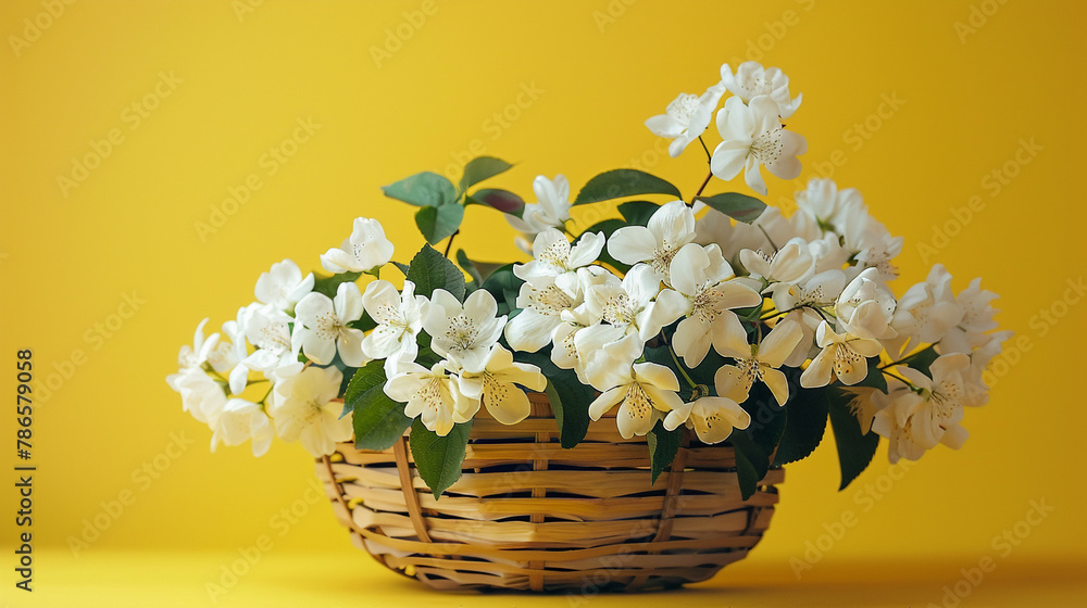 A stunning display of white blossoms nestled in a wooden basket, set against a vibrant yellow background evoking the freshness of spring. 8K