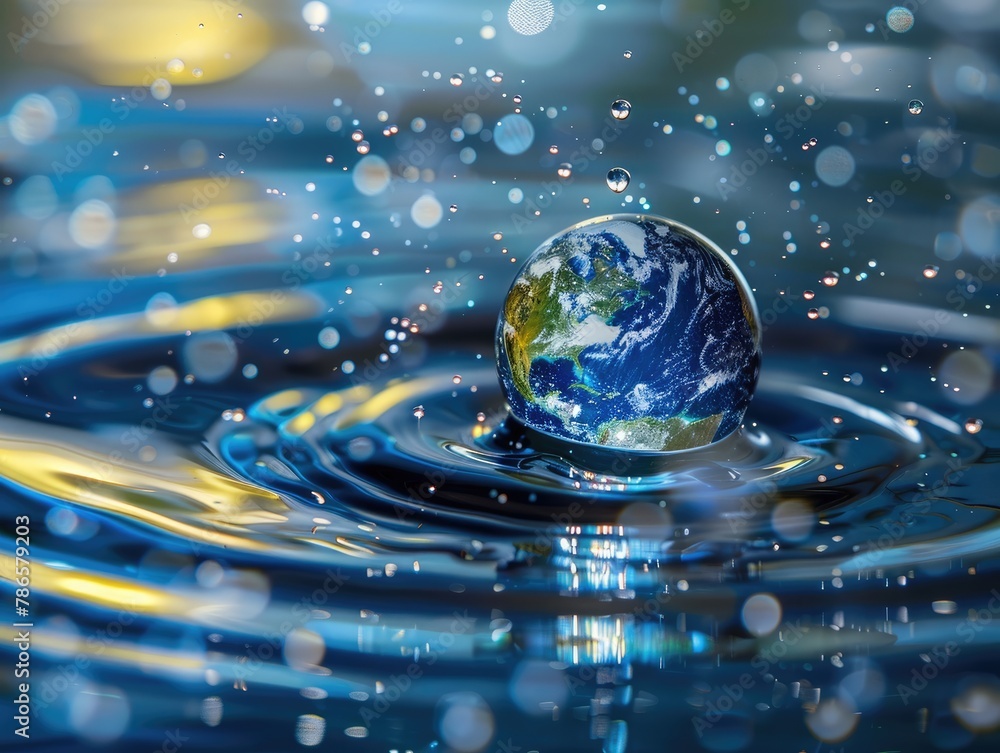 Earth encapsulated in a water droplet amidst a serene aquatic environment. Earth encapsulated in a water droplet amidst a serene aquatic environment.