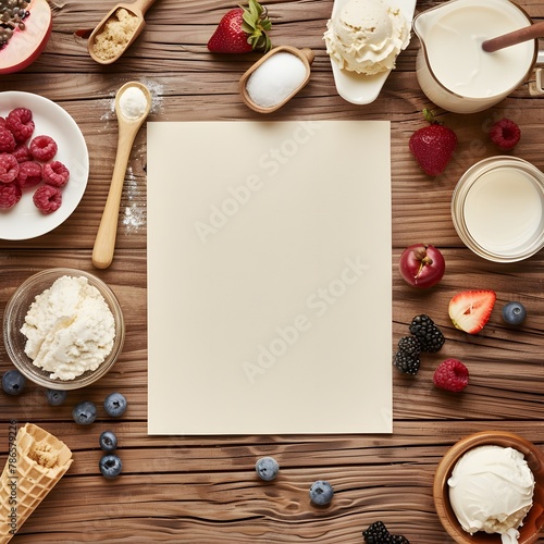 menu design, a blank recipe card sitting on a wooden kitchen table surrounded by milk, sugar, fruits, ice cream, whipped cream, aerial view, hyper-realistic, photography