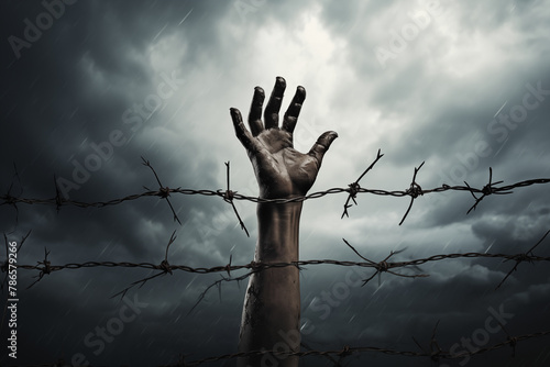 Hand reaching for help trapped behind prison barbed wire fence