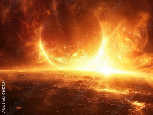 A fiery planet’s surface illuminated by an intense solar flare. © Sebastian Studio
