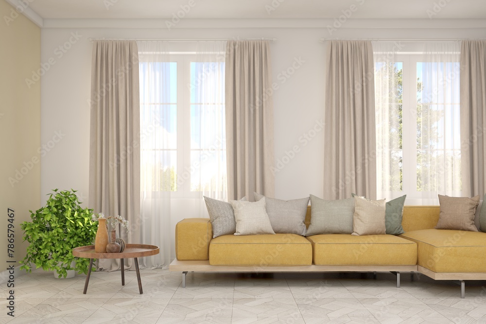 Fototapeta premium White living room with sofa. Scandinavian interior design. 3D illustration