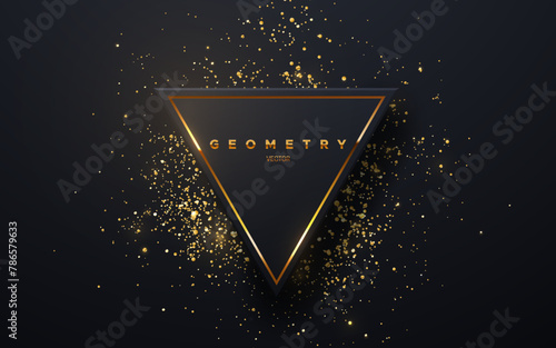 Abstract black triangle shape with golden glowing frame and glitters. Vector illustration. Geometric backdrop with golden glittering particles. Holiday banner design. Minimalist decoration