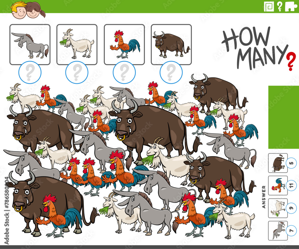how many counting game with cartoon farm animals Stock Vector | Adobe Stock