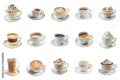 Assorted collection of coffee drinks in various cup, showcasing a variety of coffee types and toppings.