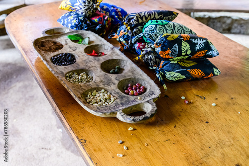 Different coffee beans on a wooden table. Stages of coffee preparation