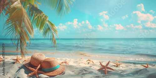 Summer beach banner with sand, sea, hat, star shells on blue sky background. Beach holiday concept. Copy space for text