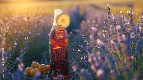 A bottle of soft drinks on a background of a lavender field glasses with wine fruits selective focus photo