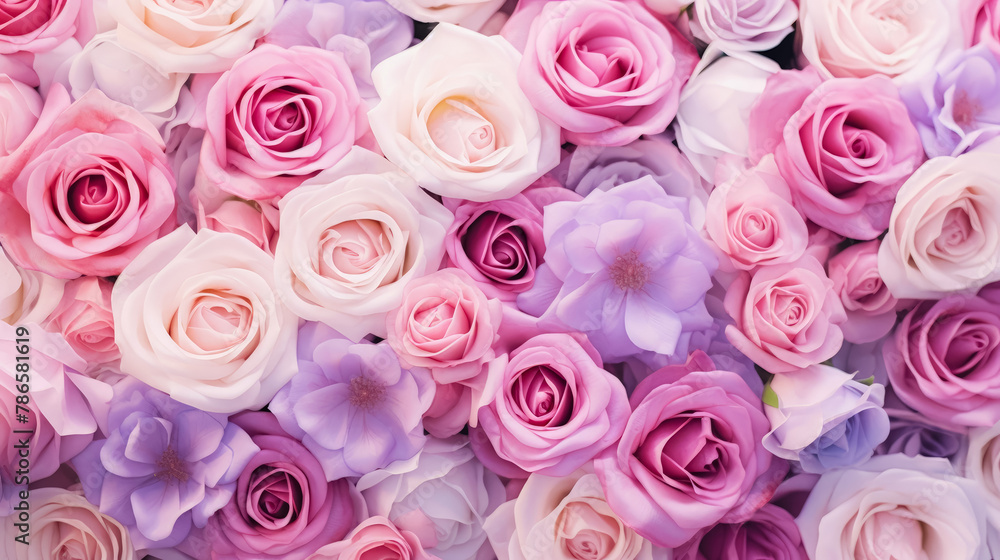 Fototapeta premium Background of fresh pink roses with delicate purple flowers. Full frame. Top view of rose. Studio shot of flowers.
