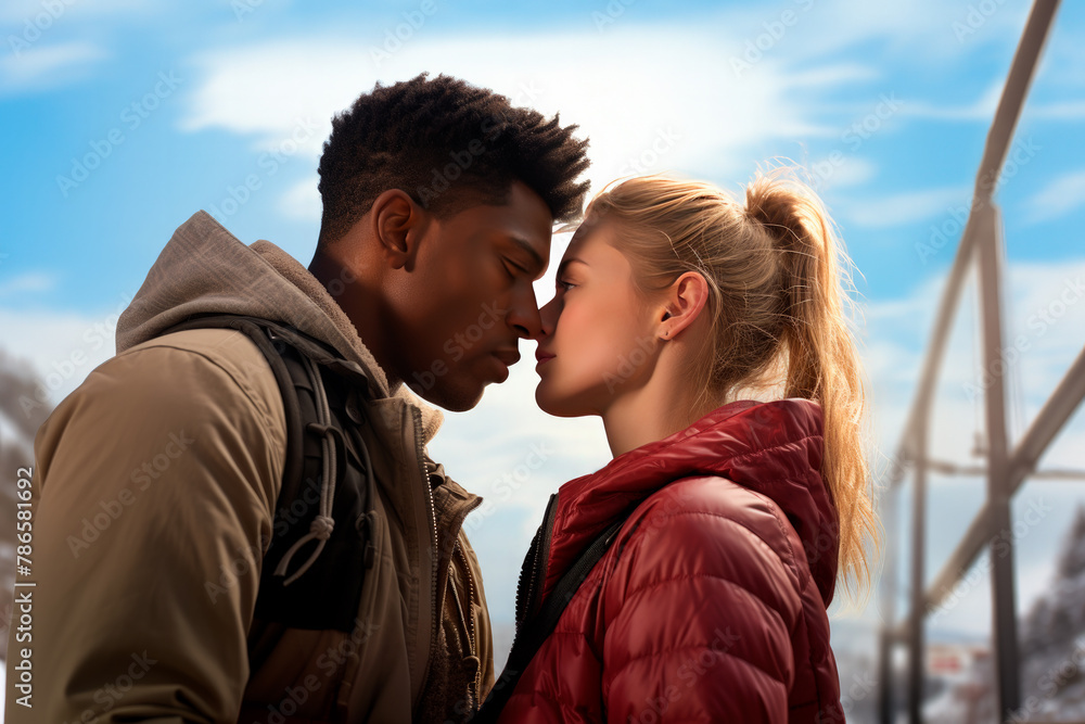 Pensive multiethnic couple kissing while standing against blue sky in daylight Pensive multiethnic couple kissing while standing against blue sky in daylight