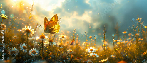 Sunlit meadow of white daisy flowers with fluttering butterflies. The natural beauty of summer nature, Panoramic landscape. Picturesque view. Atmosphere of calm and tranquility.