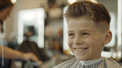 A young boy getting his hair cut at a barber shop. Perfect for beauty and lifestyle themes