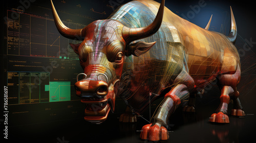 generated illustration of gold bull on chart background for business concept. photo