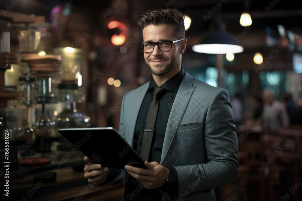 Smiling businessman with tablet standing in restaurant and looking at camera