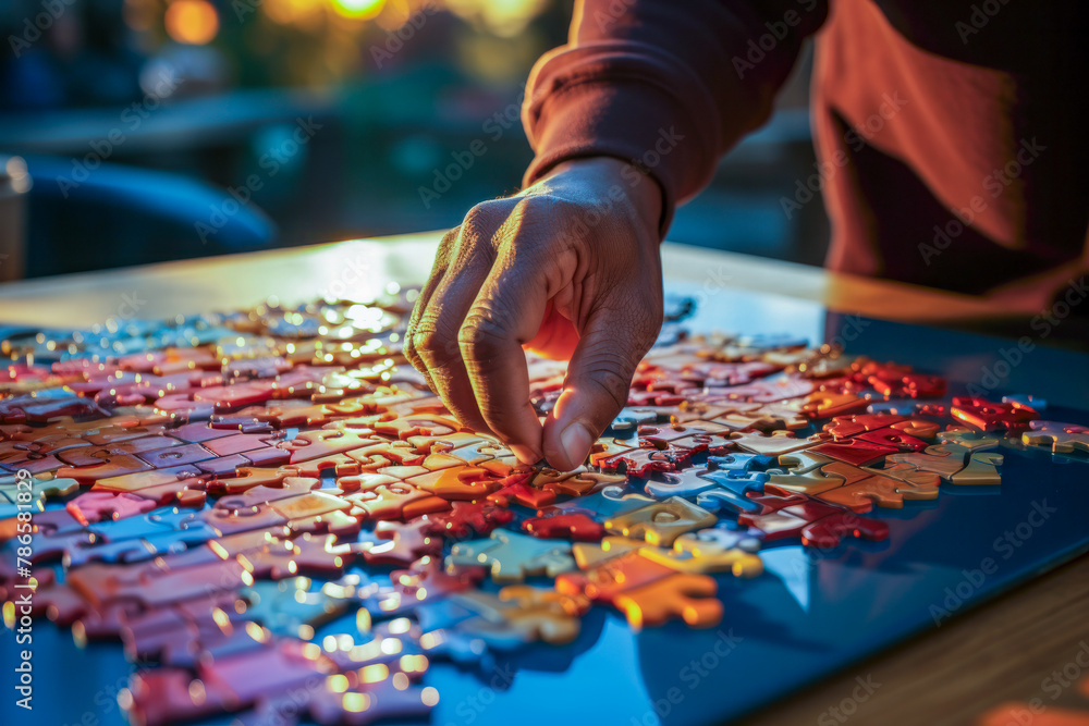 Crop person solving puzzle on table Crop person solving puzzle on table