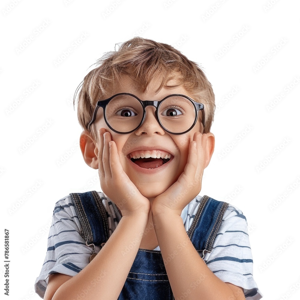 A cheerful young boy with glasses smiling for the camera. Suitable for educational or family-related projects A cheerful young boy with glasses smiling for the camera. Suitable for educational or family-related projects