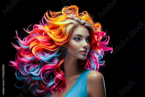 Beautiful young woman with colorful hair standing against dark backdrop