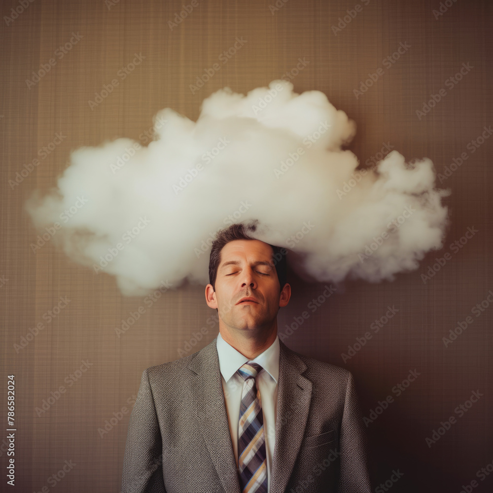 generated illustration man with thoughtful face with sreal cloud above head generated illustration man with thoughtful face with sreal cloud above head
