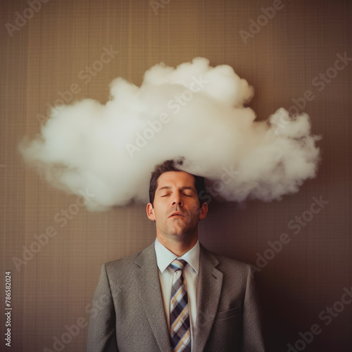 generated illustration man with thoughtful face with sreal cloud above head