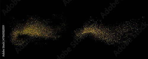 Collection ogolden glitter textures set against a sleek black backdrop. Radiant stardust in a warm amber hue. A cascade of sparkling  shine confetti.Overlay sand powder effect.