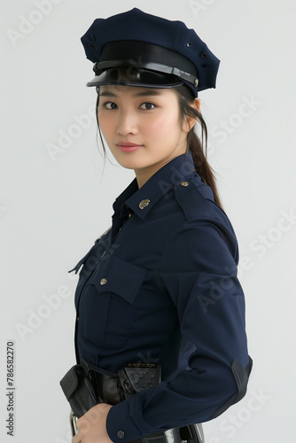 Pretty young asian policewoman officer in blue uniform and cap. Police, cop. Isolated white background. Friendly expression. Stunning beauty. Looking at the camera