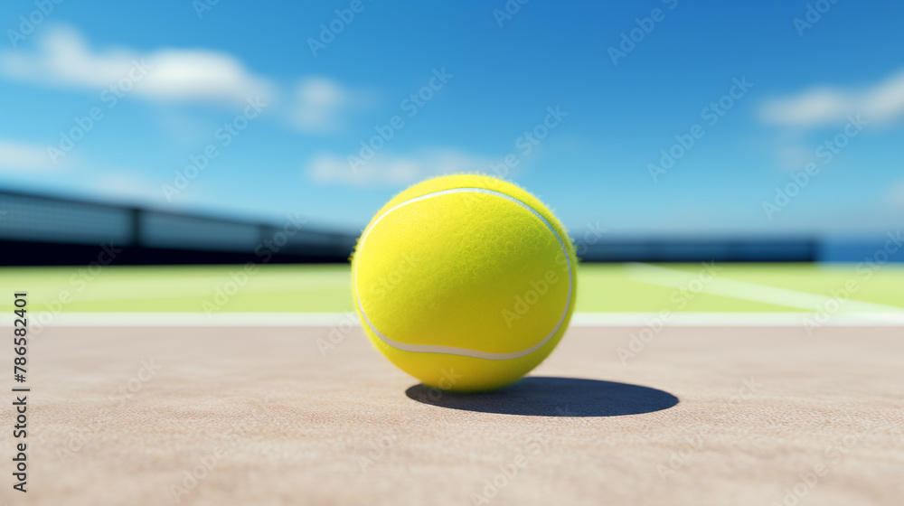 A tennis ball is lying on the tennis court.