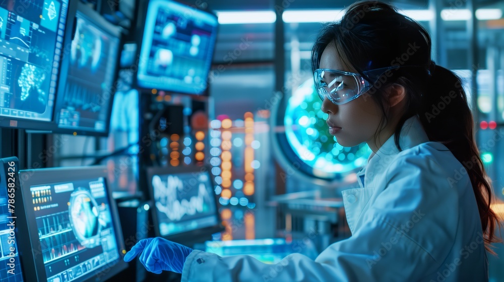 Female Scientist Analyzing Complex Digital Data on High-Tech Monitors in Advanced Laboratory Environment with Futuristic Interface Female Scientist Analyzing Complex Digital Data on High-Tech Monitors in Advanced Laboratory Environment with Futuristic Interface