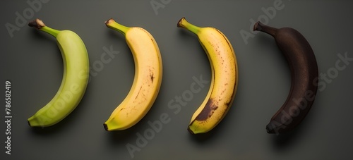 The Various Stages of Banana Ripeness from Fresh Green to Overripe Brown Displayed in a Progressive Line photo