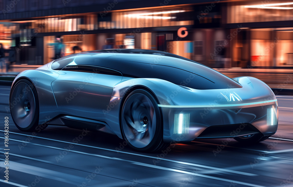 Obraz premium Future-forward: an electric family car, sleek and sporty, navigating city streets with style and energy