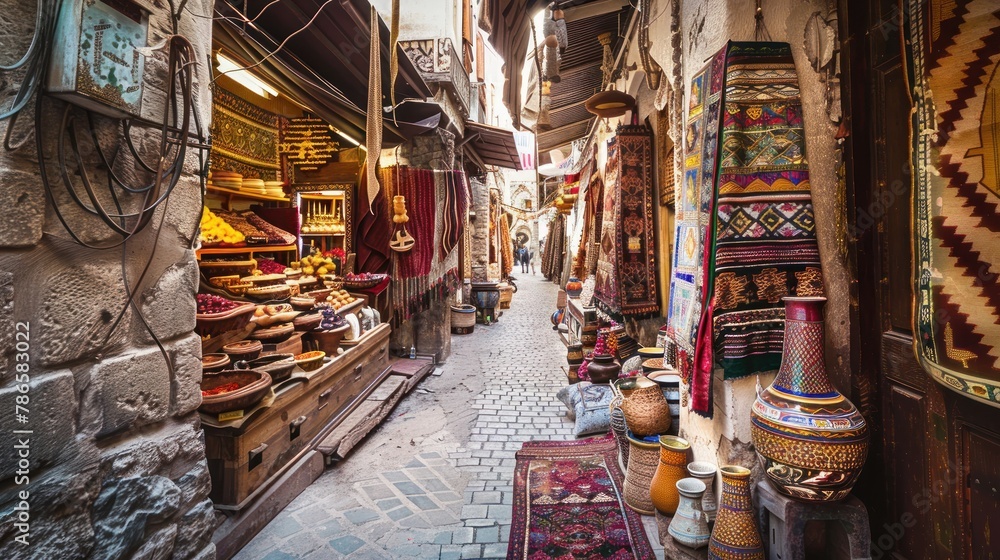 Market selling ceramics, carpets, spices fruits and souvenirs