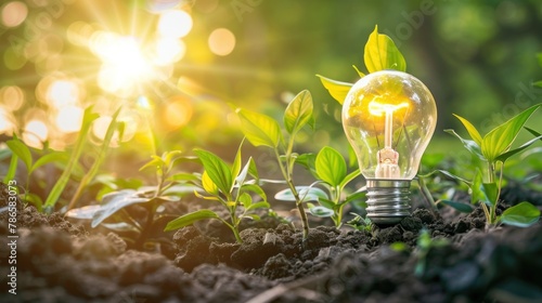 shining light bulb sprouting green leaves photo