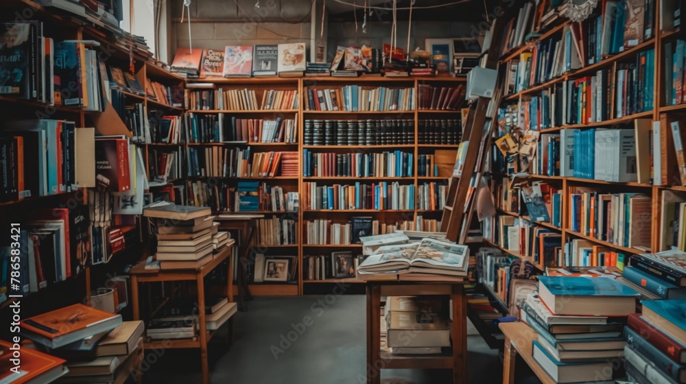 Warmly lit intimate bookstore interior, showcasing densely packed bookshelves full of diverse literature Warmly lit intimate bookstore interior, showcasing densely packed bookshelves full of diverse literature